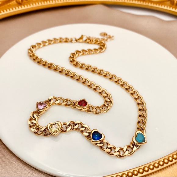 Fabulous Cuban Link Studded Colorful Hearts CZ Necklace in Gold - Picture 4 of 9